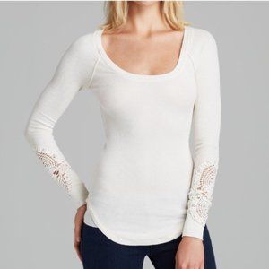 Free People White Long Sleeve Top with Lace Detail